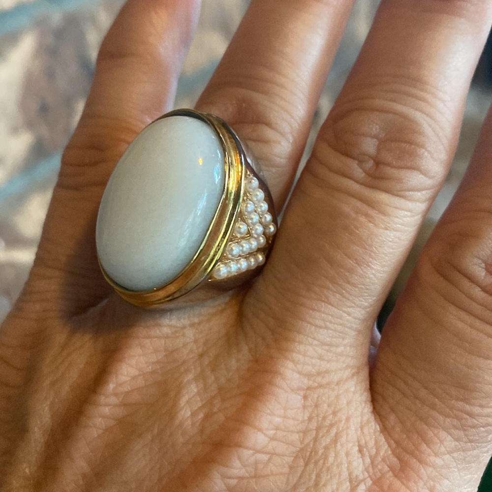 Plunder Design Stainless Steel Ring, Light Blue Faux Moonstone Ring, size 7